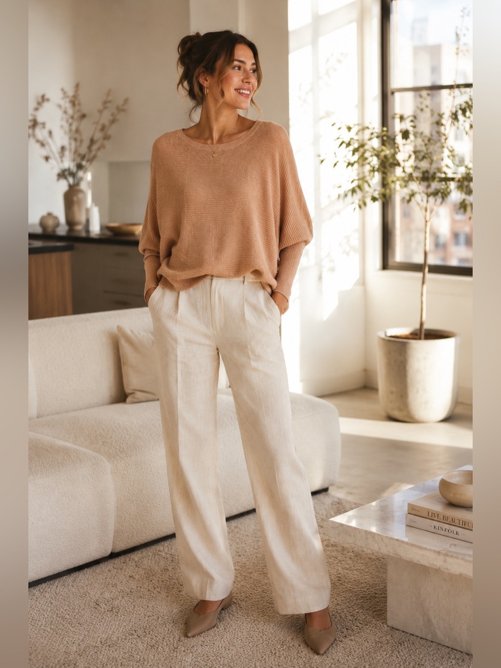 T Tahari Textured Ribbed Dolman Batwing Sweater Peach Tan